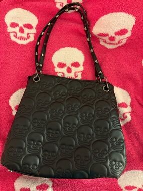Betsy Johnson Black Skull-Embossed Women’s Shoulder Bag with Studded Strap